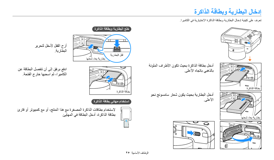 Samsung EC-WB1100BDRJO manual ةركاذلا ةقاطبو ةيراطبلا لاخدإ, ريرحتل لفسلأ لفقلا حزأ ةيراطبلا, ةركاذلا ةقاطب يئاهم مادختسا 