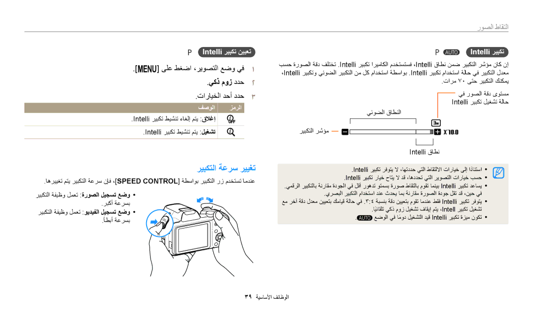 Samsung EC-WB1100BDRJO, EC-WB1100BPRDZ ريبكتلا ةعرس رييغت, ىلع طغضا ،ريوصتلا عضو يف١, يكذ موز ددح٢, Intelli ريبكت نييعت 