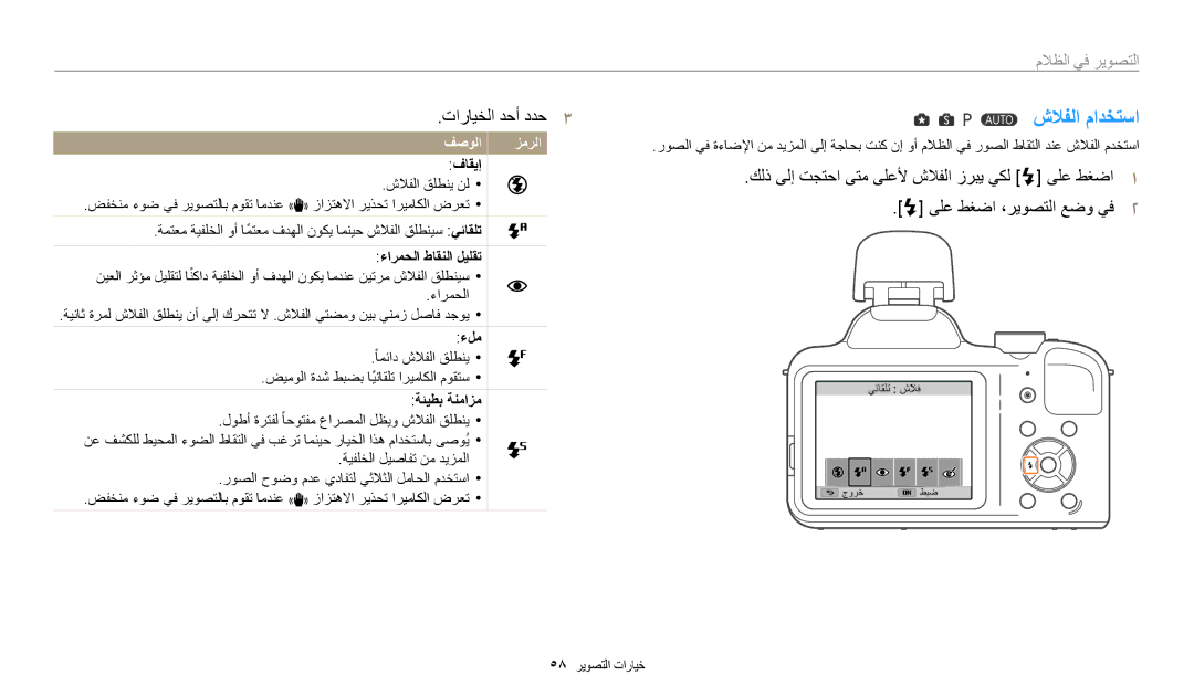 Samsung EC-WB1100DPRZA, EC-WB1100BPRDZ, EC-WB1100DPBIR manual شلافلا مادختسا, التصوير في الظتلا, فاقيإ, ءلم, ةئيطب ةنمازم 