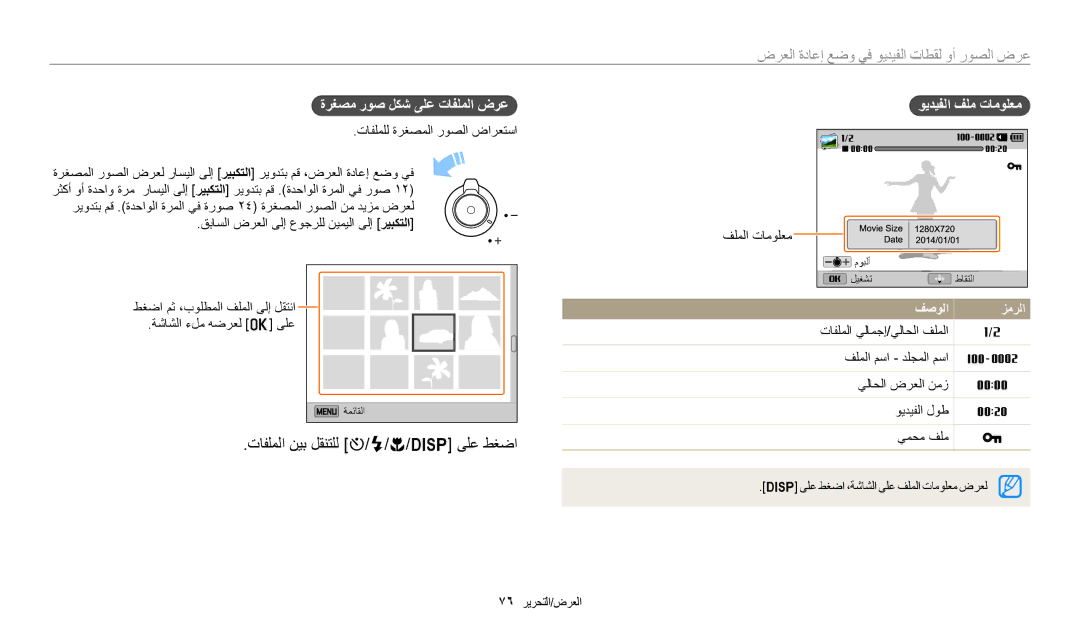 Samsung EC-WB1100BDRSA, EC-WB1100BPRDZ تافلملا نيب لقنتلل t/F/c/D ىلع طغضا, عرض الصور أو لقطات الفيديو في وضع إعادة العرض 