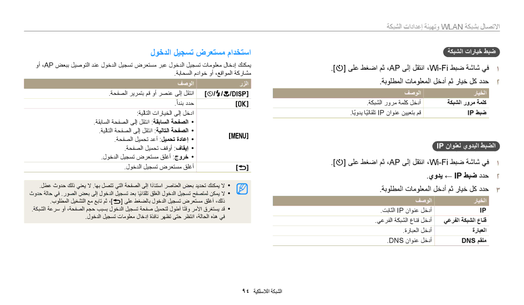 Samsung EC-WB1100BDBSA لوخدلا ليجست ضرعتسم مادختسا, ىلع طغضا مث ،AP ىلإ لقتنا ،Wi-Fi طبض ةشاش يف1, يودي ← IP طبض ددح2 