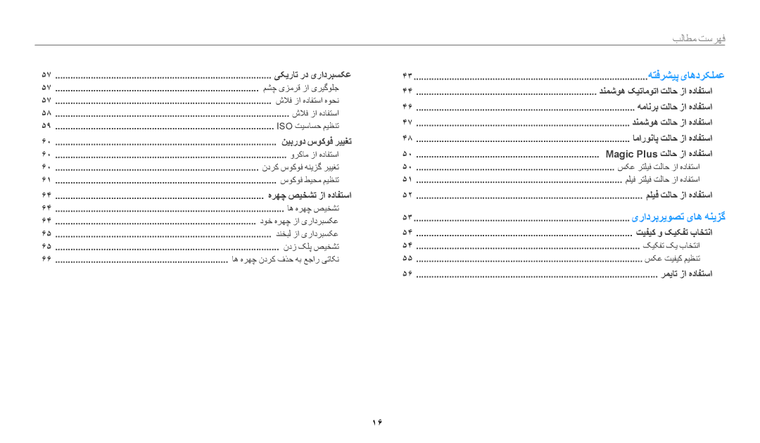 Samsung EC-WB1100DPRZA, EC-WB1100BPRDZ, EC-WB1100DPBIR, EC-WB1100BDBJO, EC-WB1100DPBZA manual هتفرشیپ یاهدرکلمع, فهرست مطالب﻿ 