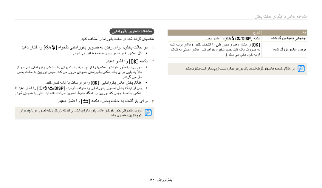 Samsung EC-WB1100BDBSA manual دیهد راشف ار o همکد2, دیهد راشف ار r همکد ،شخپ تلاح هب تشگزاب یارب3, ییاماروناپ ریواصت هدهاشم 