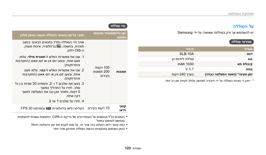 Samsung EC-WB1100DDRME manual הללוסה לע, הללוס ייח, אלמ ןפואב הנועט הללוסה רשאכ הקידב יבצמ, תונומת רפסמ/םוליצ ןמז עצוממ 