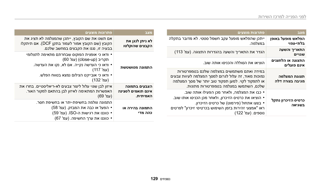 Samsung EC-WB1100BPRIL, EC-WB1100DDRME, EC-WB1100DDBME, EC-WB1100BPBIL manual לפני הפנייה למרכז השירות 