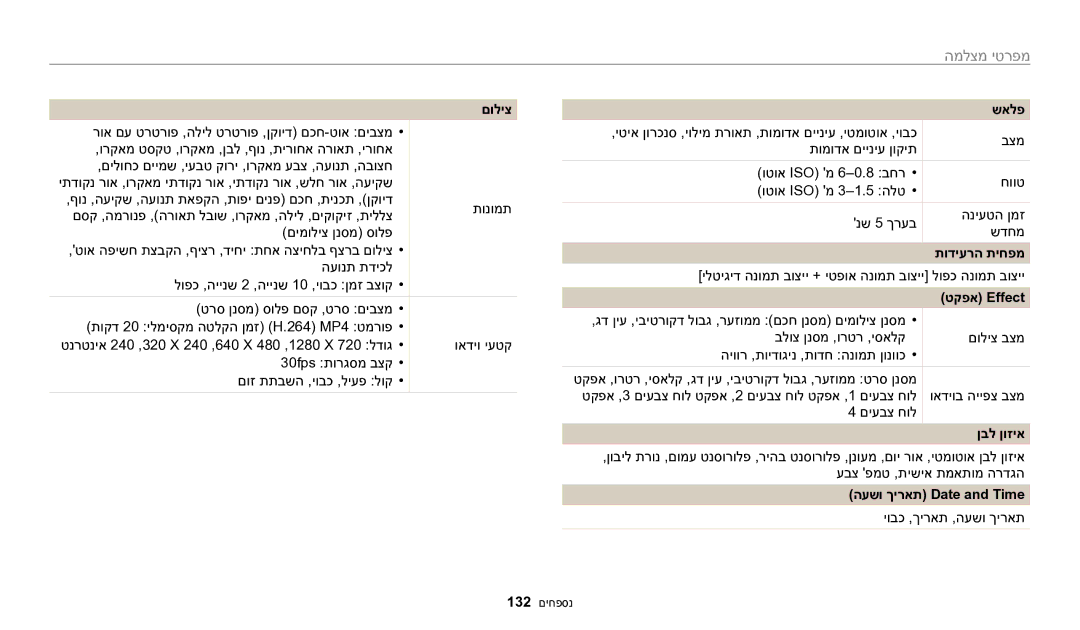 Samsung EC-WB1100DDBME, EC-WB1100DDRME, EC-WB1100BPRIL, EC-WB1100BPBIL manual מפרטי מצלמה 