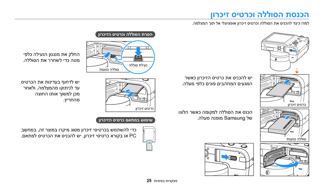 Samsung EC-WB1100BPRIL, EC-WB1100DDRME manual ןורכיז סיטרכו הללוסה תסנכה, יפלכ הליענה ןונגנמ תא קלחה הללוסה תא ררחשל ידכ הטמ 