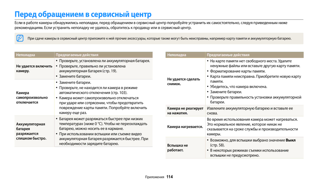 Samsung EC-WB110ZBABE2, EC-WB110ZBABE1 manual Перед обращением в сервисный центр, Неполадка Предлагаемые действия 