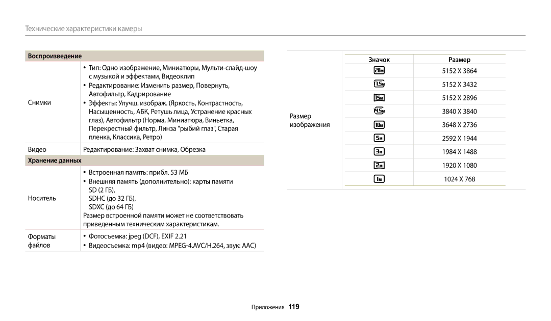 Samsung EC-WB110ZBABE1, EC-WB110ZBABE2, EC-WB110ZBARE2, EC-WB110ZBABRU manual Воспроизведение, Хранение данных, Значок Размер 