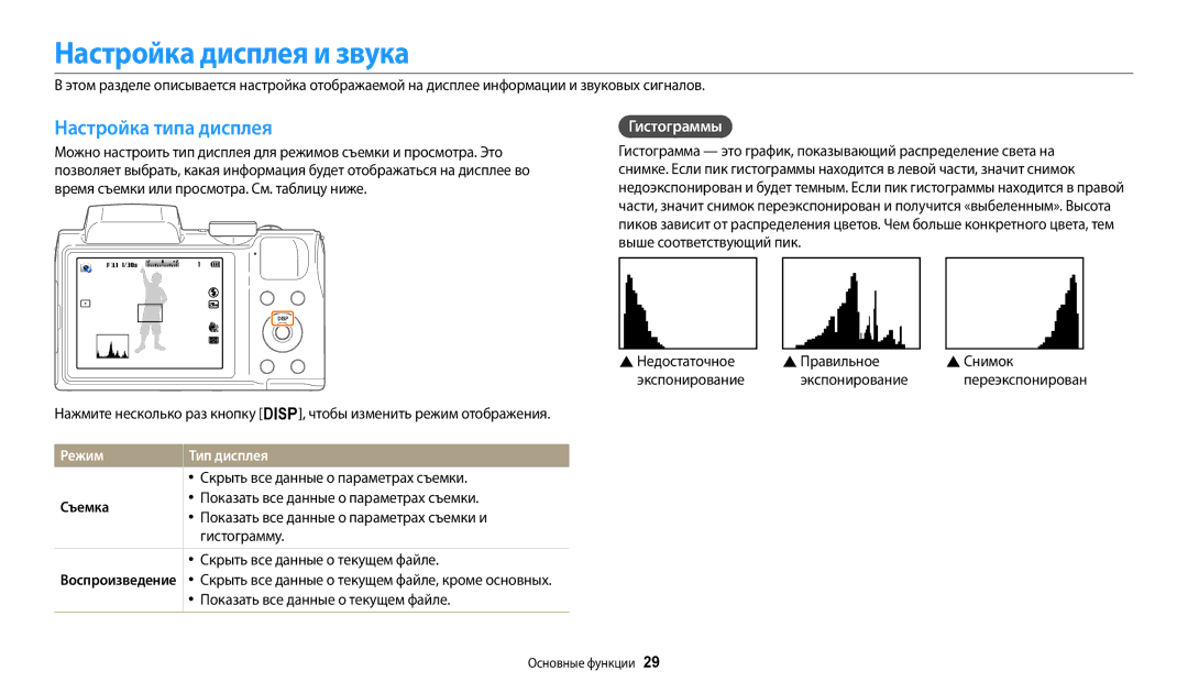 Samsung EC-WB110ZBABE1 manual Настройка дисплея и звука, Настройка типа дисплея, Гистограммы, Режим Тип дисплея, Съемка 