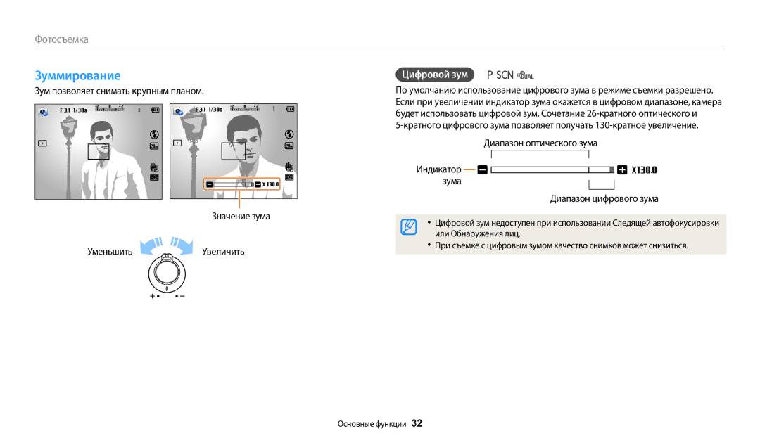Samsung EC-WB110ZBABRU manual Зуммирование, Цифровой зум, Зум позволяет снимать крупным планом, Или Обнаружения лиц 