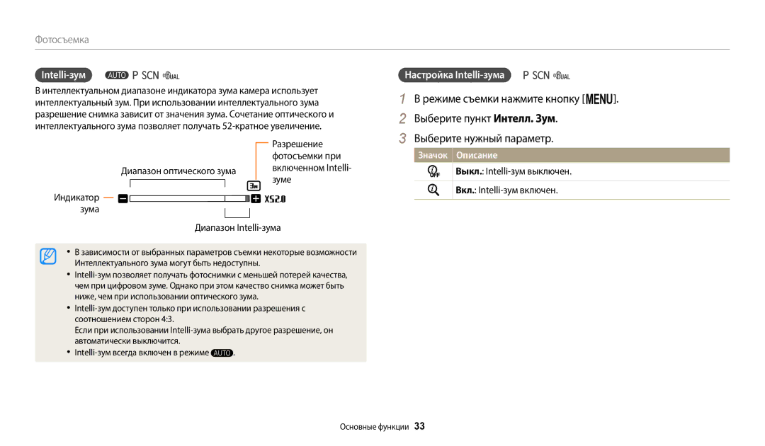 Samsung EC-WB110ZBARRU manual Выберите пункт Интелл. Зум, Intelli-зум Настройка Intelli-зума, Разрешение, Фотосъемки при 