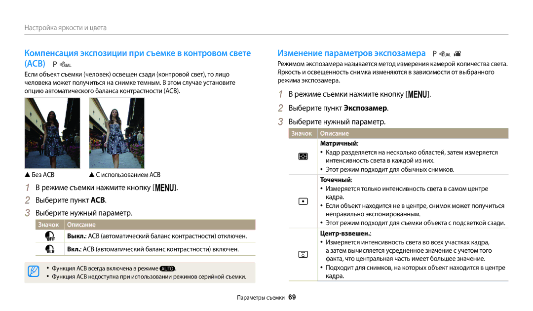 Samsung EC-WB110ZBARRU Компенсация экспозиции при съемке в контровом свете ACB, Изменение параметров экспозамера, Точечный 