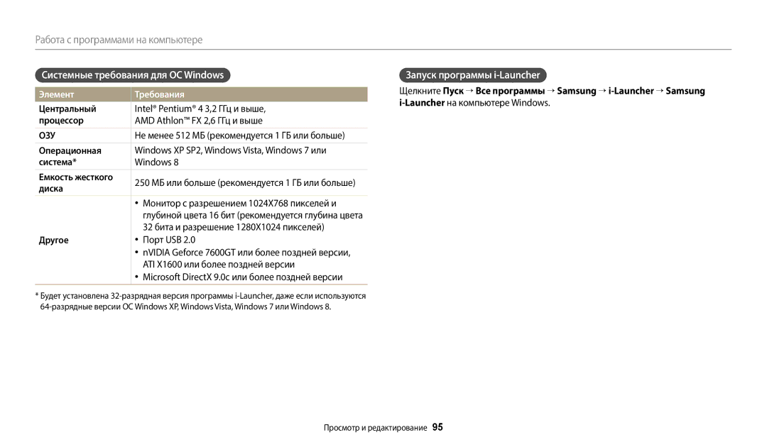 Samsung EC-WB110ZBABE1 manual Системные требования для ОС Windows, Запуск программы i-Launcher, Элемент Требования 