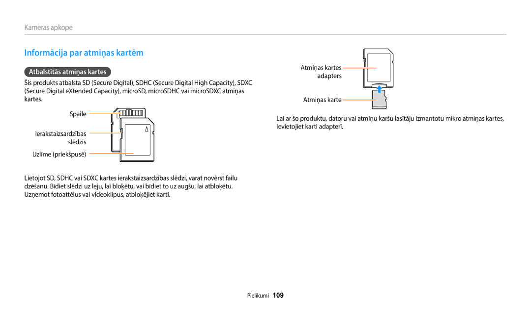 Samsung EC-WB110ZBARE2, EC-WB110ZBABE1, EC-WB110ZBABE2 manual Informācija par atmiņas kartēm, Atbalstītās atmiņas kartes 