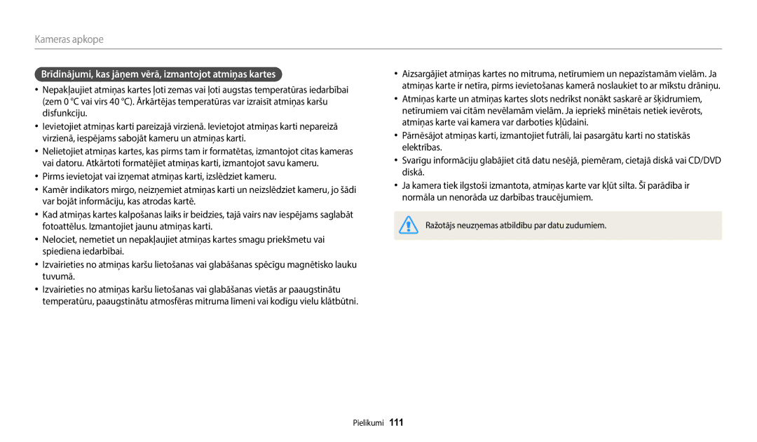 Samsung EC-WB110ZBABE2, EC-WB110ZBABE1, EC-WB110ZBARE2 manual Brīdinājumi, kas jāņem vērā, izmantojot atmiņas kartes 