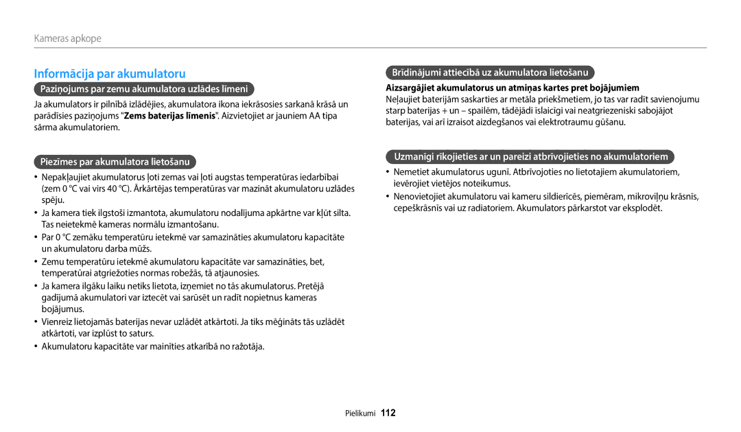 Samsung EC-WB110ZBARE2, EC-WB110ZBABE1 manual Informācija par akumulatoru, Paziņojums par zemu akumulatora uzlādes līmeni 