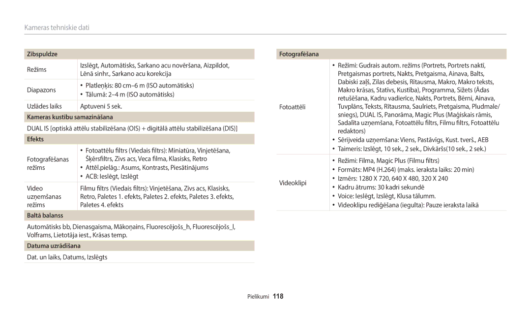 Samsung EC-WB110ZBARE2, EC-WB110ZBABE1 manual Kameras kustību samazināšana, Baltā balanss, Datuma uzrādīšana, Fotografēšana 