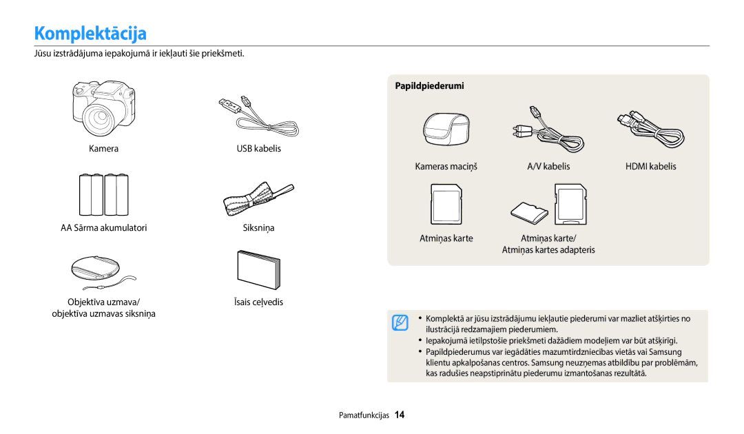 Samsung EC-WB110ZBABE1 manual Komplektācija, AA Sārma akumulatori, Papildpiederumi, Kameras maciņš Kabelis, Atmiņas karte 