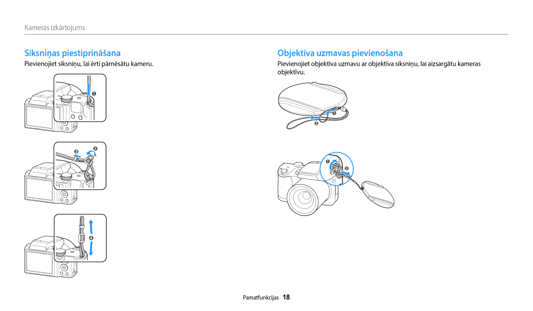 Samsung EC-WB110ZBABE2, EC-WB110ZBABE1, EC-WB110ZBARE2 manual Siksniņas piestiprināšana, Objektīva uzmavas pievienošana 