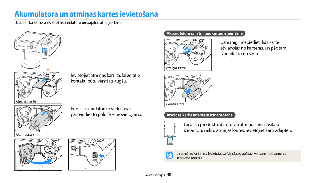 Samsung EC-WB110ZBARE2, EC-WB110ZBABE1 manual Akumulatora un atmiņas kartes ievietošana, Pirms akumulatoru ievietošanas 