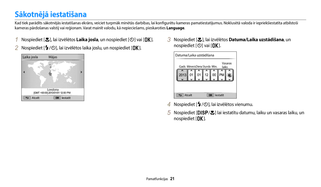 Samsung EC-WB110ZBABE2, EC-WB110ZBABE1, EC-WB110ZBARE2 manual Sākotnējā iestatīšana 