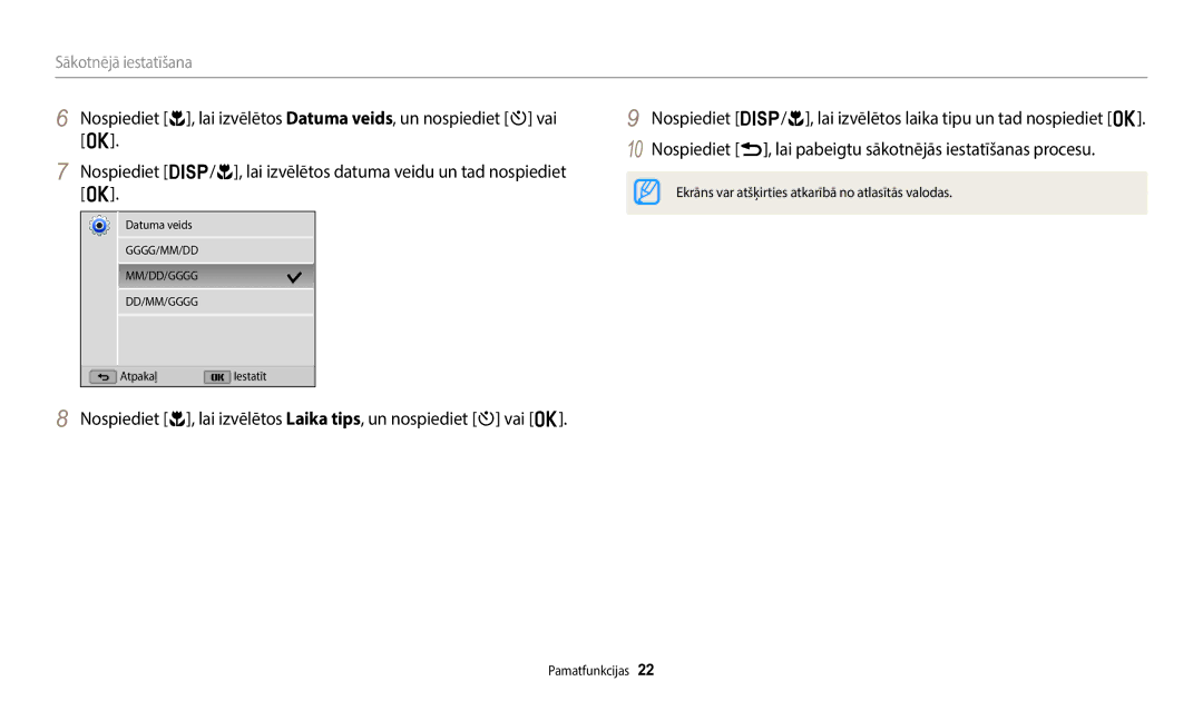 Samsung EC-WB110ZBARE2, EC-WB110ZBABE1, EC-WB110ZBABE2 manual Sākotnējā iestatīšana 