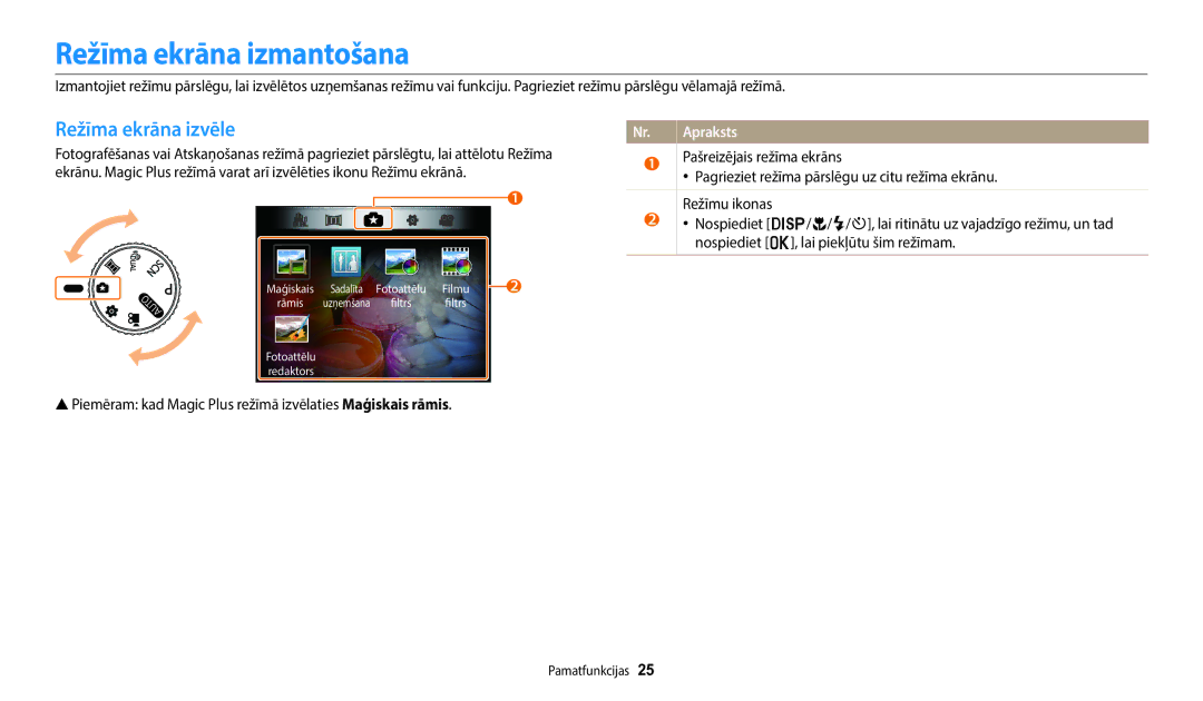 Samsung EC-WB110ZBARE2, EC-WB110ZBABE1, EC-WB110ZBABE2 manual Režīma ekrāna izmantošana, Režīma ekrāna izvēle 