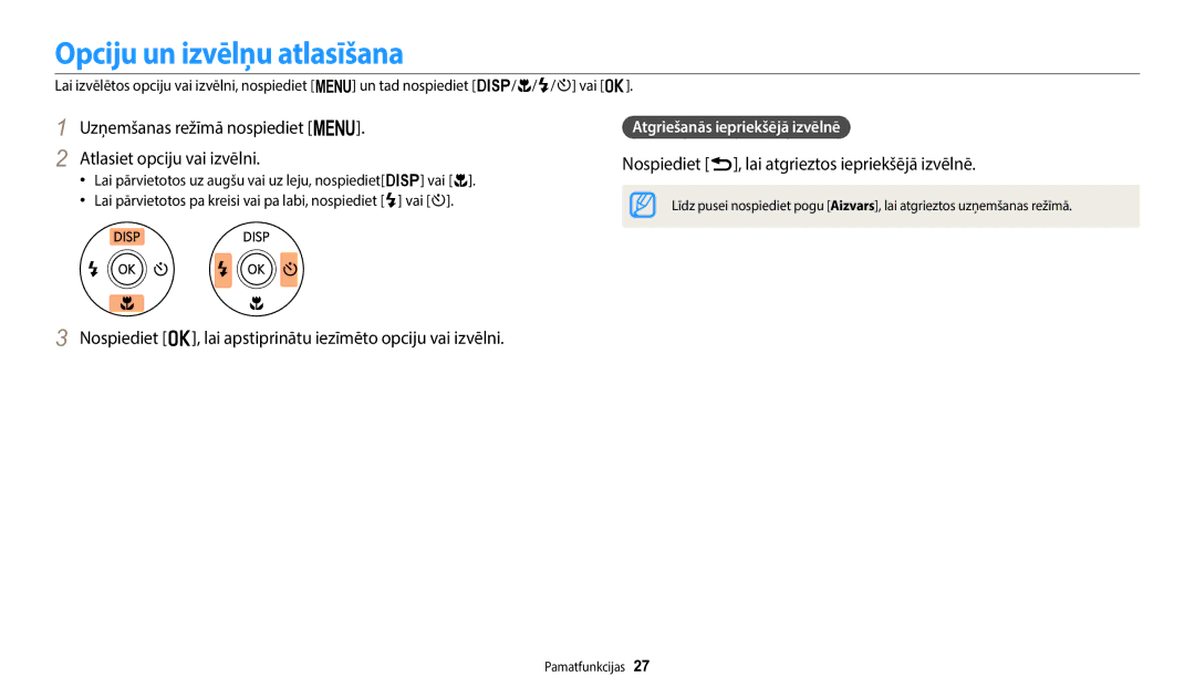 Samsung EC-WB110ZBABE2 manual Opciju un izvēlņu atlasīšana, Uzņemšanas režīmā nospiediet m Atlasiet opciju vai izvēlni 