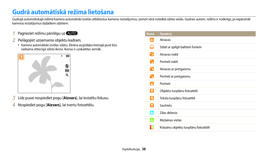 Samsung EC-WB110ZBABE1, EC-WB110ZBABE2, EC-WB110ZBARE2 manual Gudrā automātiskā režīma lietošana 