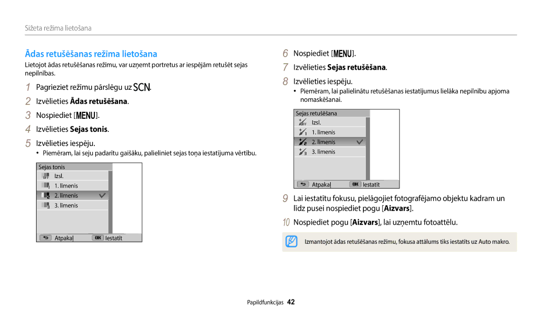 Samsung EC-WB110ZBABE2 manual Ādas retušēšanas režīma lietošana, Izvēlieties Ādas retušēšana, Izvēlieties Sejas retušēšana 