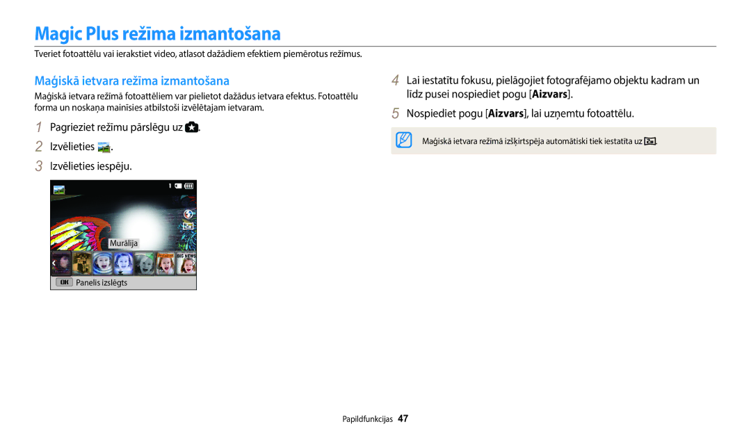 Samsung EC-WB110ZBABE1, EC-WB110ZBABE2, EC-WB110ZBARE2 Magic Plus režīma izmantošana, Maģiskā ietvara režīma izmantošana 