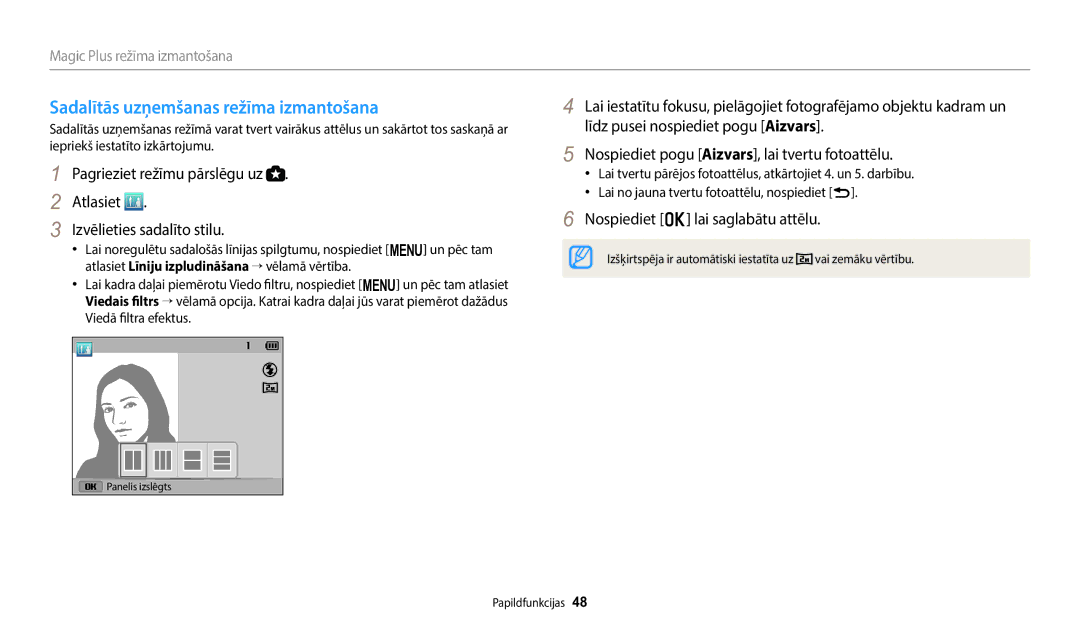 Samsung EC-WB110ZBABE2, EC-WB110ZBABE1 manual Sadalītās uzņemšanas režīma izmantošana, Nospiediet o lai saglabātu attēlu 