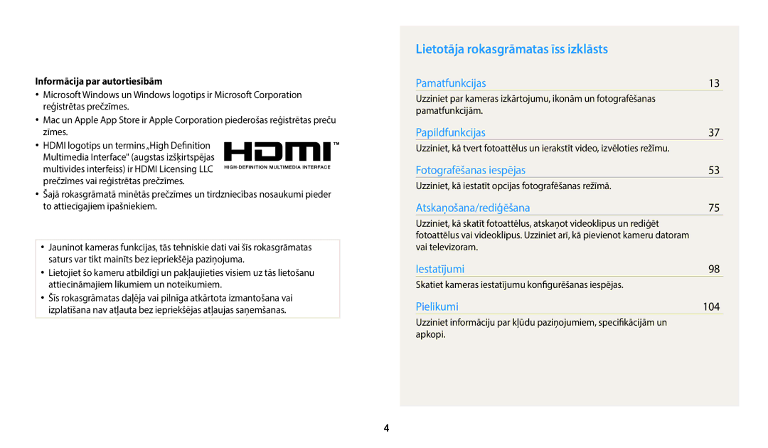 Samsung EC-WB110ZBARE2, EC-WB110ZBABE1 manual Lietotāja rokasgrāmatas īss izklāsts, 104, Informācija par autortiesībām 