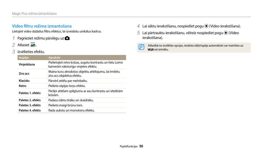 Samsung EC-WB110ZBABE1 manual Video filtru režīma izmantošana, Paletes 1. efekts, Paletes 2. efekts, Paletes 3. efekts 