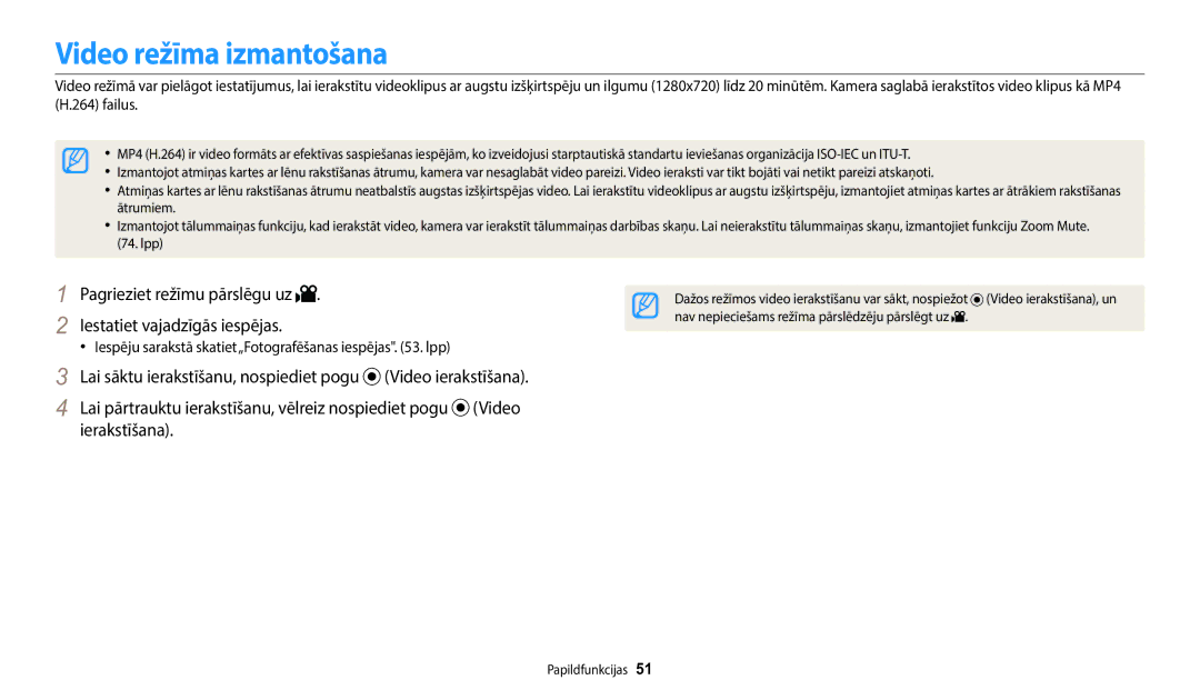 Samsung EC-WB110ZBABE2 manual Video režīma izmantošana, Pagrieziet režīmu pārslēgu uz Iestatiet vajadzīgās iespējas 