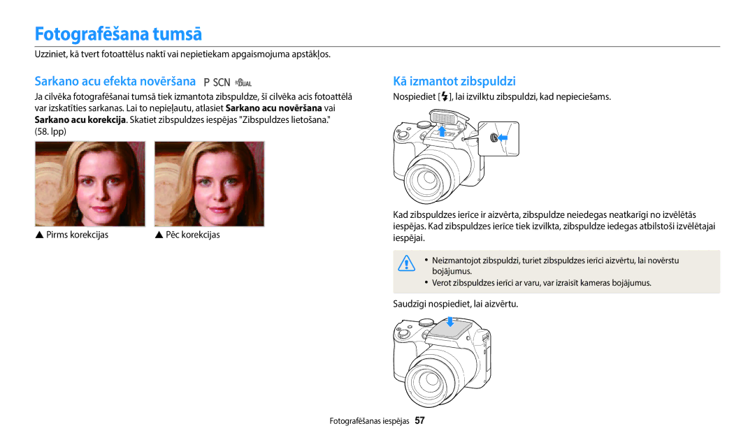 Samsung EC-WB110ZBABE2 Fotografēšana tumsā, Sarkano acu efekta novēršana, Kā izmantot zibspuldzi, Lpp  Pirms korekcijas 