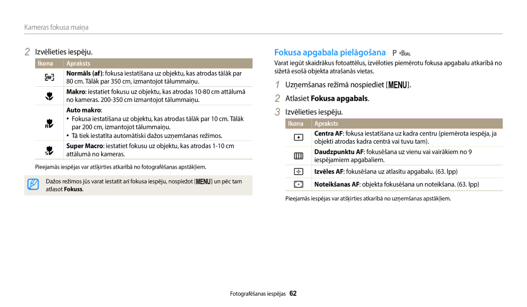 Samsung EC-WB110ZBABE1, EC-WB110ZBABE2, EC-WB110ZBARE2 Fokusa apgabala pielāgošana, Atlasiet Fokusa apgabals, Auto makro 