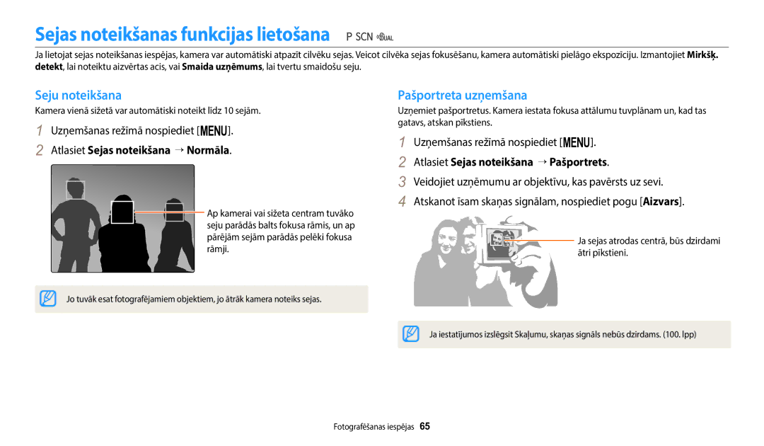Samsung EC-WB110ZBABE1, EC-WB110ZBABE2 manual Sejas noteikšanas funkcijas lietošana, Seju noteikšana, Pašportreta uzņemšana 