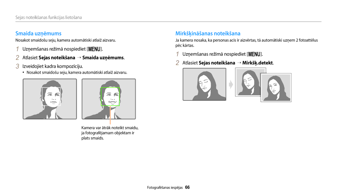 Samsung EC-WB110ZBABE2, EC-WB110ZBABE1 manual Mirkšķināšanas noteikšana, Atlasiet Sejas noteikšana → Smaida uzņēmums 