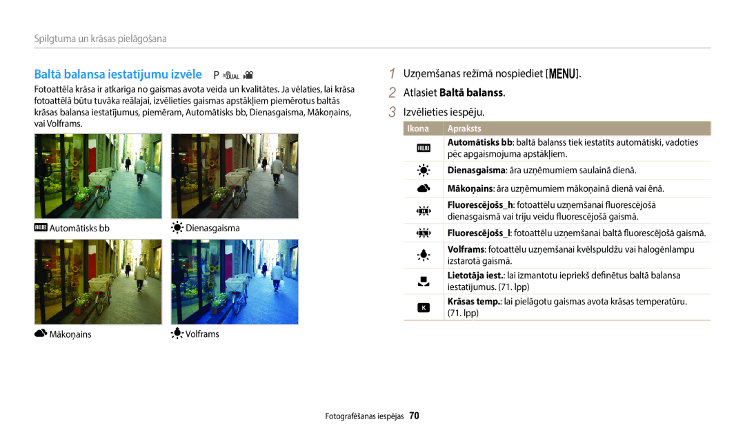 Samsung EC-WB110ZBARE2, EC-WB110ZBABE1, EC-WB110ZBABE2 manual Baltā balansa iestatījumu izvēle, Atlasiet Baltā balanss 