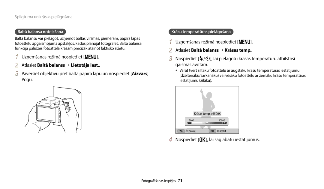 Samsung EC-WB110ZBABE1, EC-WB110ZBABE2 manual Atlasiet Baltā balanss → Lietotāja iest, Atlasiet Baltā balanss → Krāsas temp 