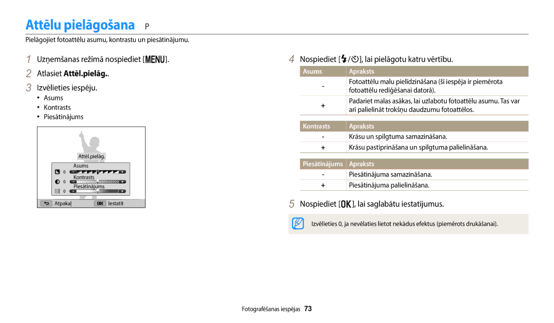 Samsung EC-WB110ZBARE2 manual Attēlu pielāgošana, Atlasiet Attēl.pielāg, Nospiediet F/t, lai pielāgotu katru vērtību 