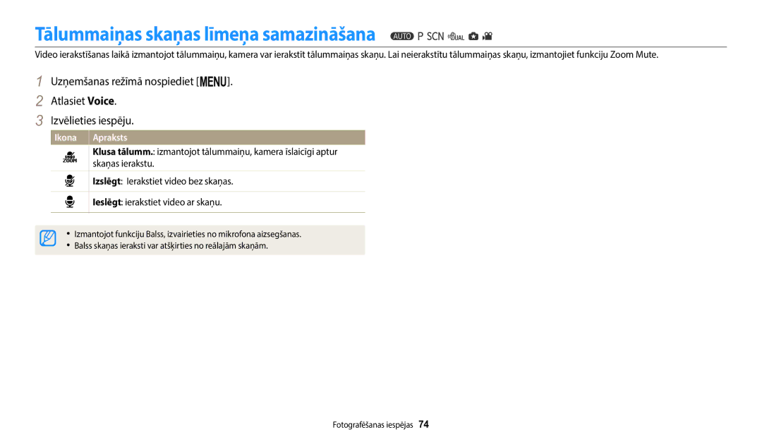 Samsung EC-WB110ZBABE1, EC-WB110ZBABE2, EC-WB110ZBARE2 manual Tālummaiņas skaņas līmeņa samazināšana 