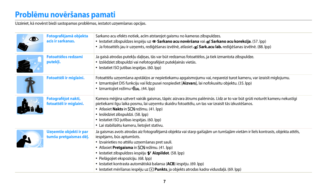 Samsung EC-WB110ZBARE2, EC-WB110ZBABE1, EC-WB110ZBABE2 manual Problēmu novēršanas pamati, Sarkano acu korekcija . lpp 