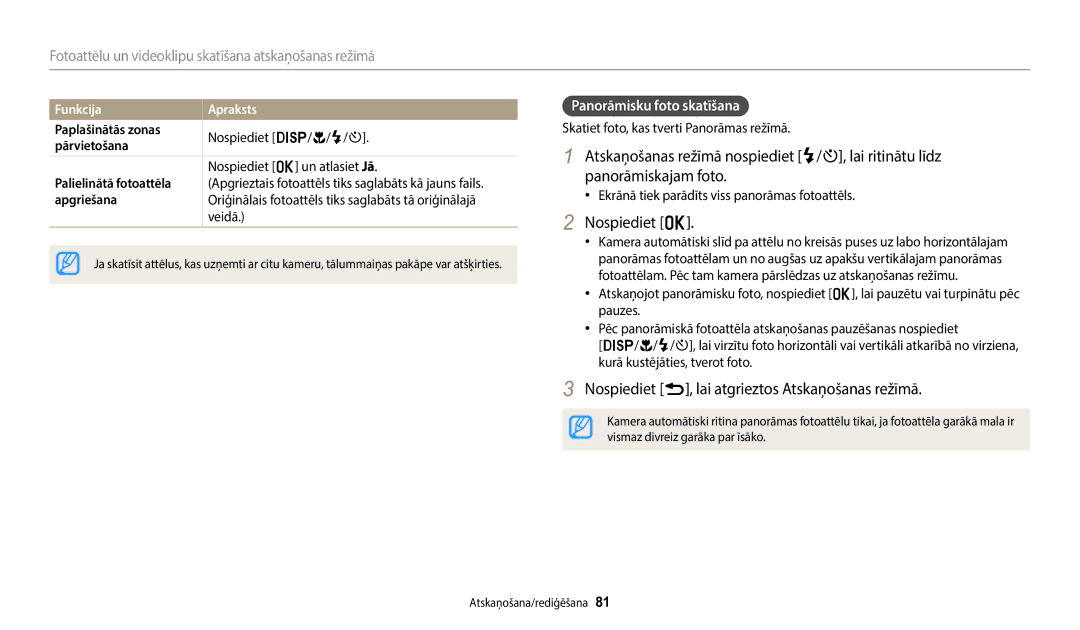 Samsung EC-WB110ZBABE2 manual Nospiediet o, Nospiediet r, lai atgrieztos Atskaņošanas režīmā, Panorāmisku foto skatīšana 