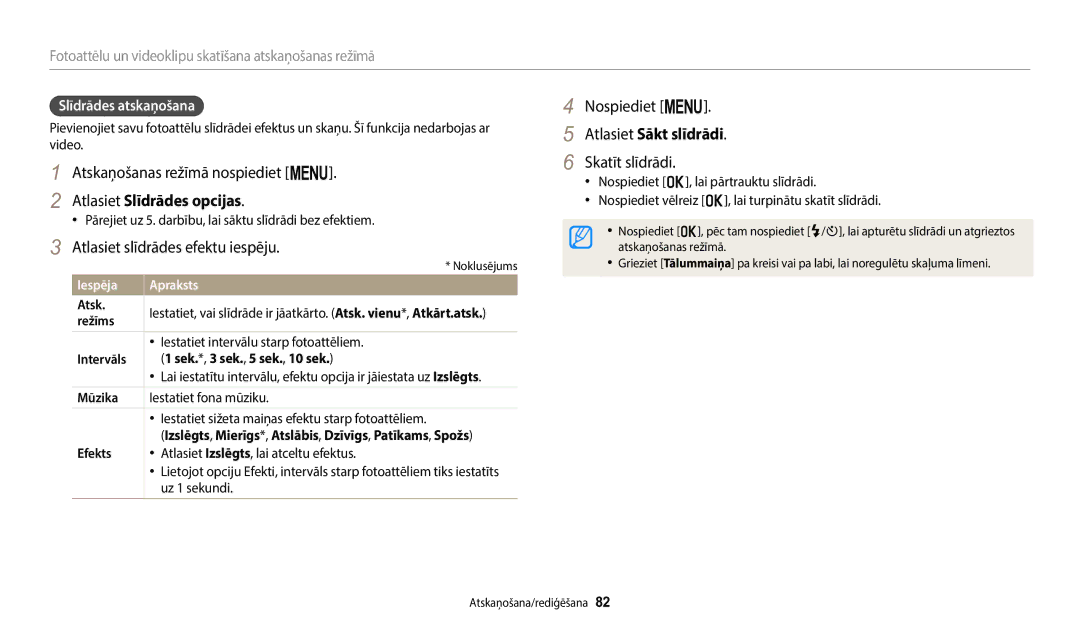 Samsung EC-WB110ZBARE2 manual Atlasiet Slīdrādes opcijas, Atlasiet slīdrādes efektu iespēju, Atlasiet Sākt slīdrādi 