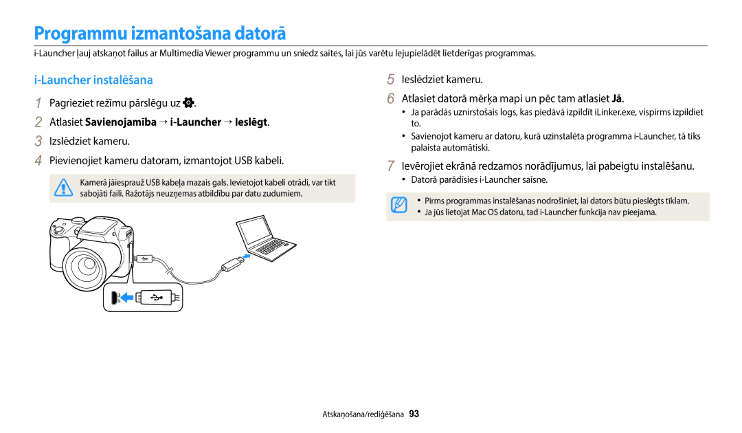 Samsung EC-WB110ZBABE2 Programmu izmantošana datorā, Launcher instalēšana, Atlasiet Savienojamība → i-Launcher → Ieslēgt 