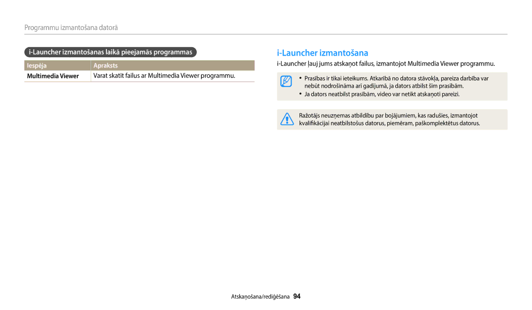 Samsung EC-WB110ZBARE2 manual Launcher izmantošanas laikā pieejamās programmas, Iespēja Apraksts Multimedia Viewer 