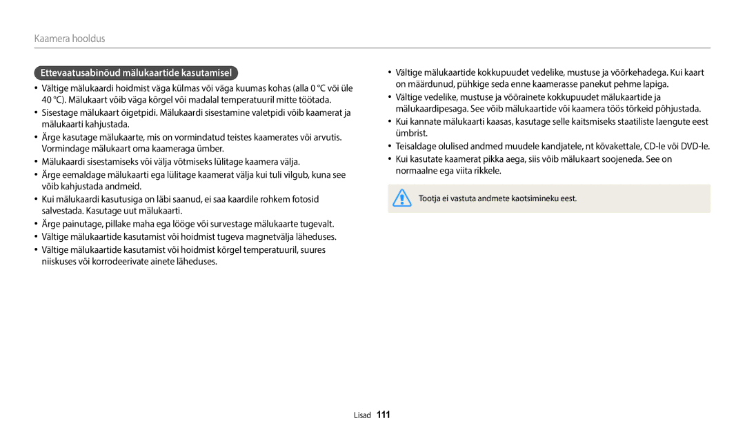 Samsung EC-WB110ZBABE2, EC-WB110ZBABE1, EC-WB110ZBARE2 manual Ettevaatusabinõud mälukaartide kasutamisel 